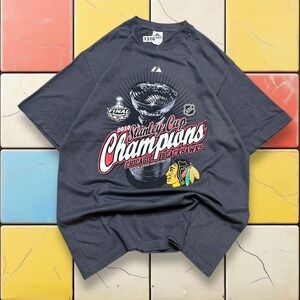 Vintage Chicago Blackhawks Hockey NHL Tee Y2K Men L Gray Stanley Cup Sport Shirt